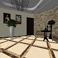 Elevator Hallway Interior With Chandelier Stone Wall Sofa Plant Paintings And Floor Tiles