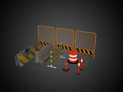 Road Construction Safety Facilities With Temporary Fencing Traffic Cones And Warning Signs 3d model