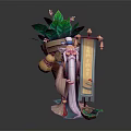 Oriental Traditional Elderly Game Movie Character With Long Beard Carrying Bag Holding Scroll Green Plants
