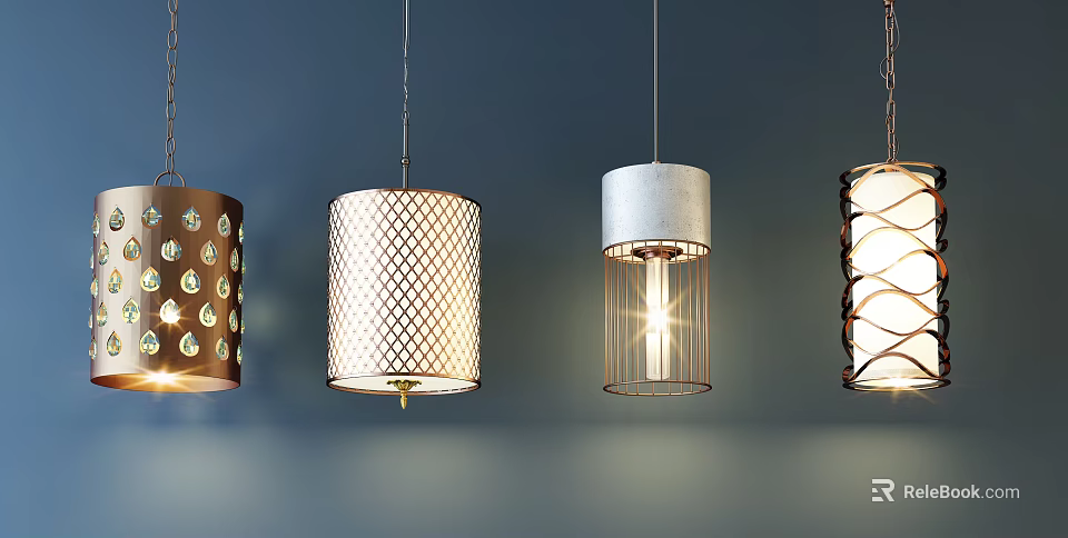 Stylish Modern Pendant Lights With Patterned Metal Frames Textured Lamp Shades And Illuminated Interior Decor 3d model 