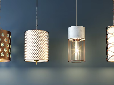 Stylish Modern Pendant Lights With Patterned Metal Frames Textured Lamp Shades And Illuminated Interior Decor 3d model