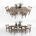 Rectangular Wooden Dining Table Set With Matching Chairs And Decorative Plants 3d model
