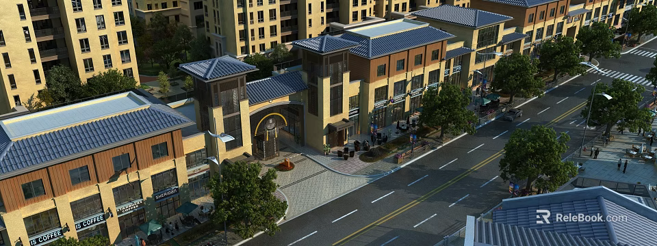 Modern Commercial Street With Multi story Buildings Shops Pedestrian Walkway And Green Trees 3d model 