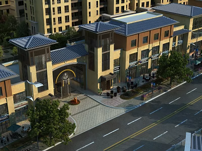 Modern Commercial Street With Multi story Buildings Shops Pedestrian Walkway And Green Trees 3d model