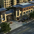 Modern Commercial Street With Multi story Buildings Shops Pedestrian Walkway And Green Trees