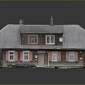 Cartoon Scenery of Model House With Gray Roof Brown Walls Red Shutters Chimneys and Reflection