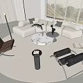 Modern Living Room White Sofa Coffee Table Set With Round Marble Top And Black Cushions