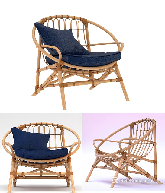 Natural Rattan Leisure Chair with Navy Blue Cushion and Comfortable Design 3d model 