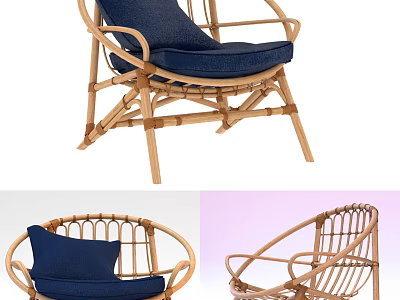 Natural Rattan Leisure Chair with Navy Blue Cushion and Comfortable Design 3d model