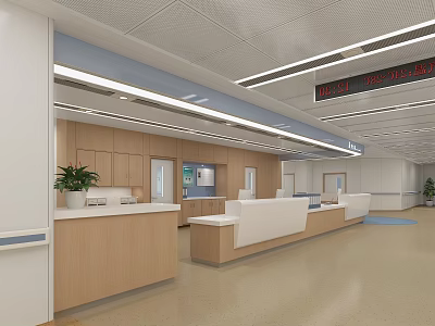 Hospital Lobby Interior With Wooden And White Reception Counters Green Plants Water Dispenser And Signboard 3d model