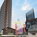 Modern Commercial Complex With Tall Buildings Brand Stores Leisure Plaza Pedestrians And Decorative Balloons