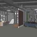 Modern 4S Dealership Interior Featuring Blue And Orange Sports Cars And Showroom Seating