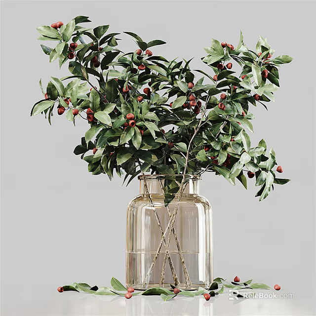 Decorative Clear Glass Vase With Green Leaves And Red Berries Floral Arrangement 3d model 