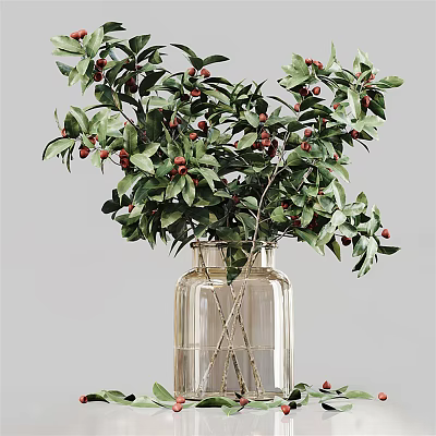 Decorative Clear Glass Vase With Green Leaves And Red Berries Floral Arrangement 3d model