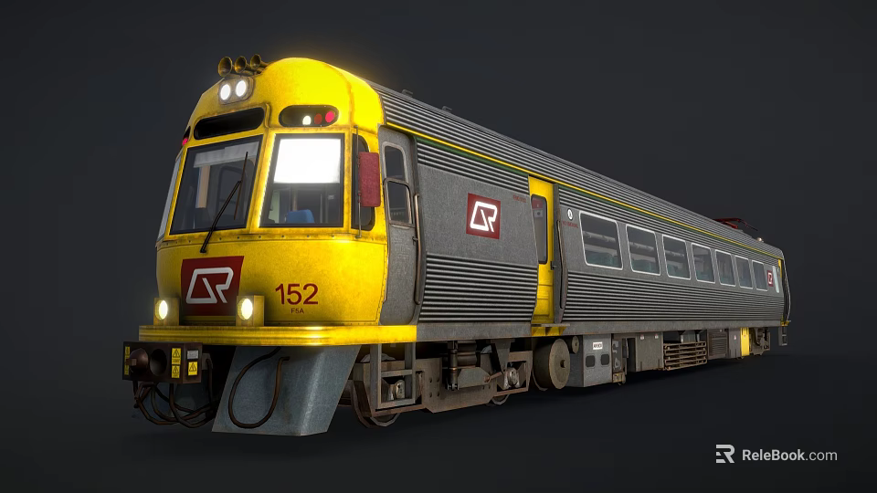 Yellow and Gray Train with Number 152 Red Logo and Multiple Carriages 3d model 