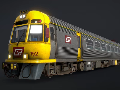 Yellow and Gray Train with Number 152 Red Logo and Multiple Carriages 3d model