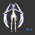 Futuristic Game Character With Blue Long Hair Headphones Black Outfit And Mechanical Weapon