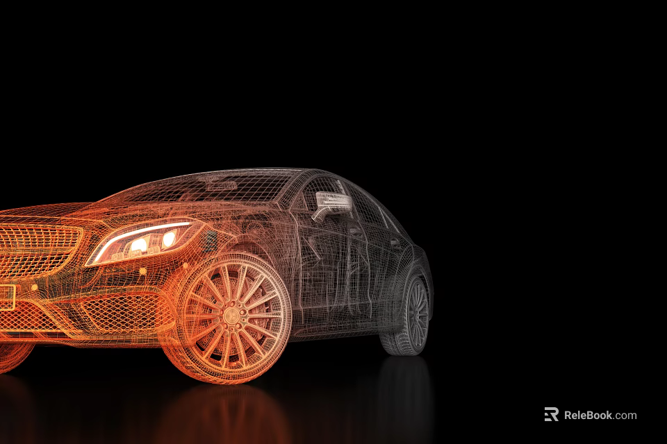 3D Wireframe Car Model With Illuminated Headlights On Black Background 3d model 