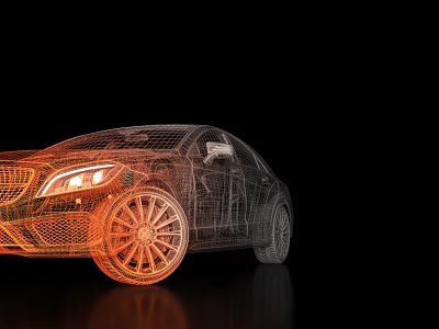 3D Wireframe Car Model With Illuminated Headlights On Black Background 3d model