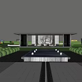 Modern Garden Landscape Design With Wooden Corridor Green Lawn And Stone Pathway