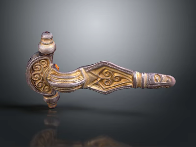 Ornate Decorative Metal Handle With Intricate Gold Silver Patterns And Red Gemstone 3d model