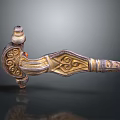 Ornate Decorative Metal Handle With Intricate Gold Silver Patterns And Red Gemstone