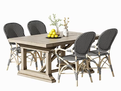 Wooden Top Dining Table Set with Rattan Black and White Striped Chairs and Fruits Vase 3d model