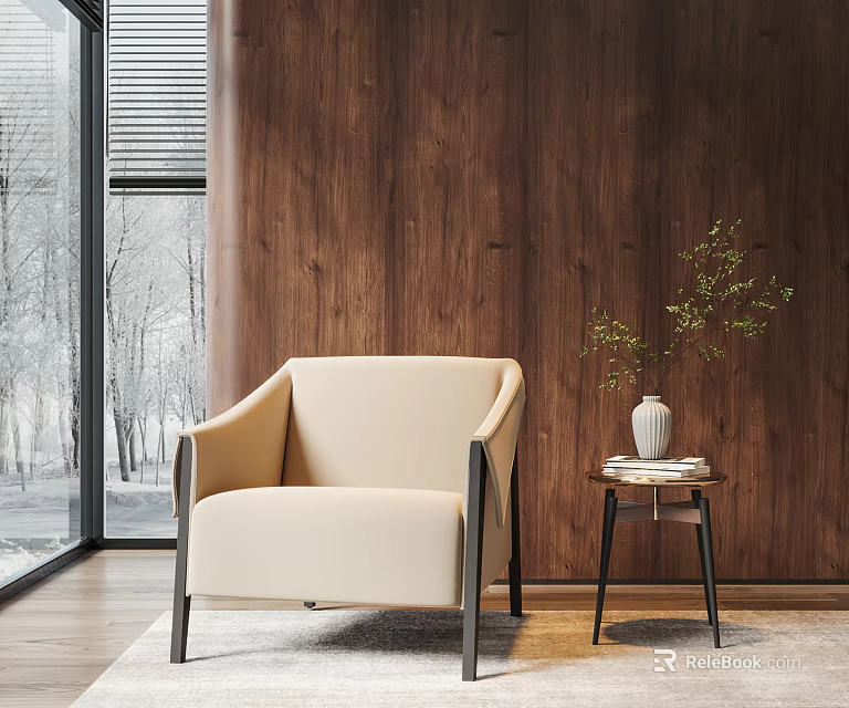 Modern Beige Armchair with Black Metal Frame by Wooden Wall and Side Table with Vase 3d model 