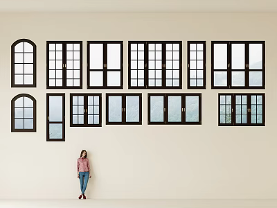 Casement Windows With Various Designs Displayed On Wall For Interior Showcase 3d model