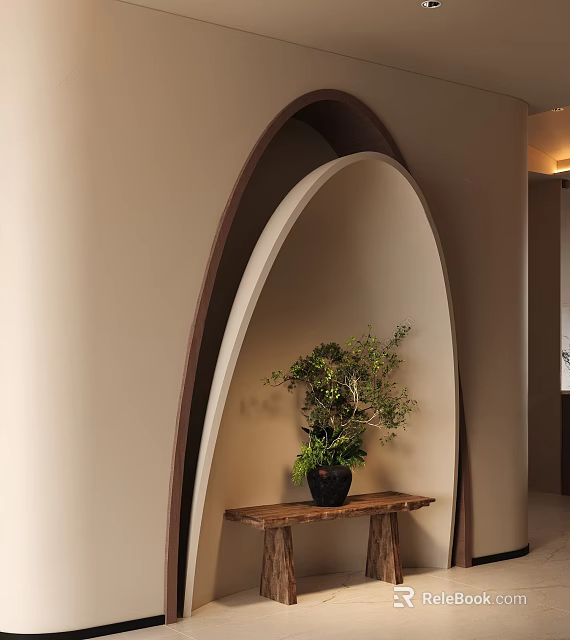Entryway Hallway Interior Design With Arched Structure Wooden Table And Green Plant 3d model 