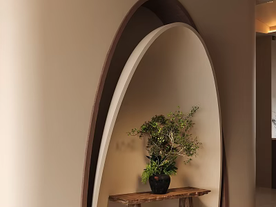 Entryway Hallway Interior Design With Arched Structure Wooden Table And Green Plant 3d model