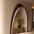 Entryway Hallway Interior Design With Arched Structure Wooden Table And Green Plant
