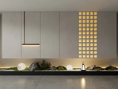 Modern Courtyard Garden Featuring Lattice Wall Gray Cabinetry Stones Moss Round Lanterns And Warm Lighting 3d model