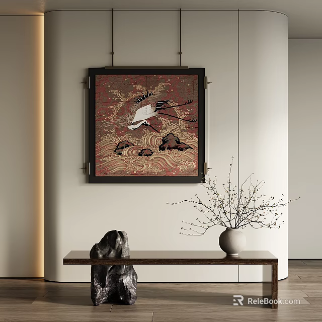 Elegant Console Table With Stone Ornament Vase And Wall Art Decor 3d model