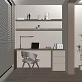 Modern Minimalist Desk Workspace With Blinds Shelves Books Lamp Laptop Chair And Potted Plant