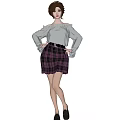 A Woman in Off Shoulder White Blouse and Purple Plaid Skirt with Hands on Hips