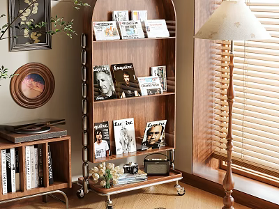 Wooden Shelf With Magazines Books And Decorations Near Table Lamp And Window Blinds 3d model
