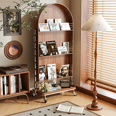 Wooden Shelf With Magazines Books And Decorations Near Table Lamp And Window Blinds 3d model
