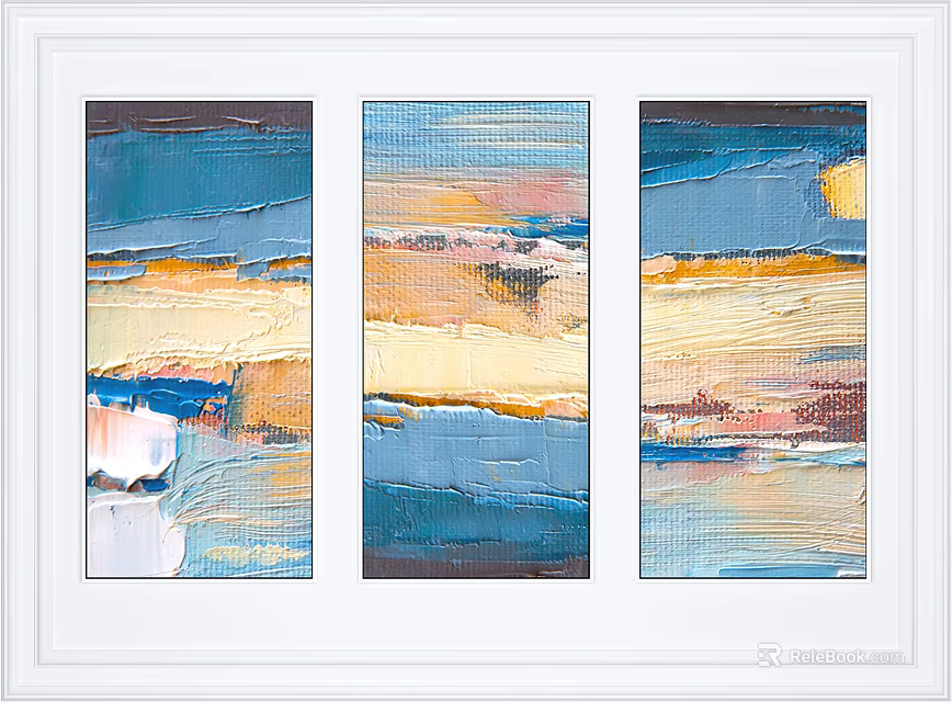 Modern Triptych Oil Painting with Layered Blue Yellow Orange Color Blocks and White Frame 3d model 