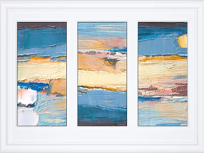 Modern Triptych Oil Painting with Layered Blue Yellow Orange Color Blocks and White Frame 3d model