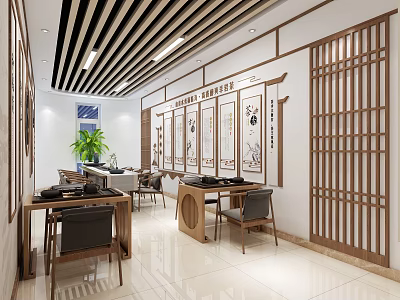 School Chinese Calligraphy Classroom With Wooden Furniture Traditional Paintings And Green Plants 3d model
