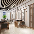 School Chinese Calligraphy Classroom With Wooden Furniture Traditional Paintings And Green Plants