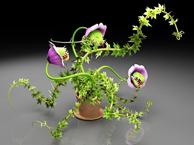 Unique Potted Plant In Brown Pot With Purple Flowers Green Vines And Thorns 3d model