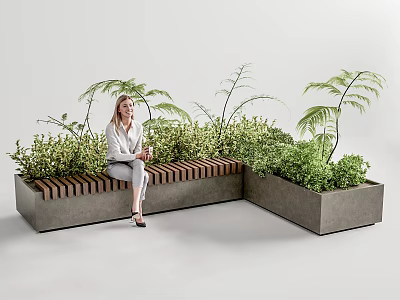 Outdoor Landscape Seat With Concrete Structure Wooden Slats And Green Foliage 3d model
