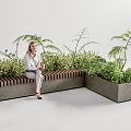 Outdoor Landscape Seat With Concrete Structure Wooden Slats And Green Foliage