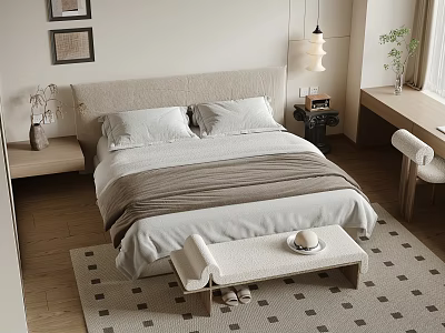 Minimalist Double Bed Bedroom Interior With Bedside Tables Wooden Bench And Wall Art 3d model