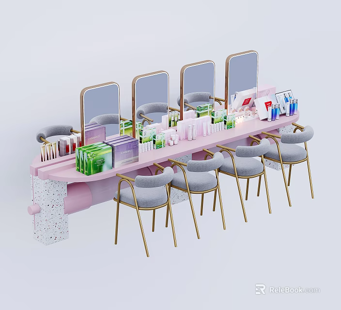 Pink Dressing Table With Four Mirrors Gold Leg Grey Chairs And Makeup Products 3d model 