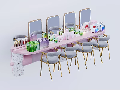 Pink Dressing Table With Four Mirrors Gold Leg Grey Chairs And Makeup Products 3d model