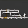 Industrial Piping Equipment With White Pipes Yellow Supports Red Valves And Human Figure For Scale