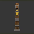 Rustic Wooden Street Lamp Post With Metal Crossbeam And Yellow Lantern Shade
